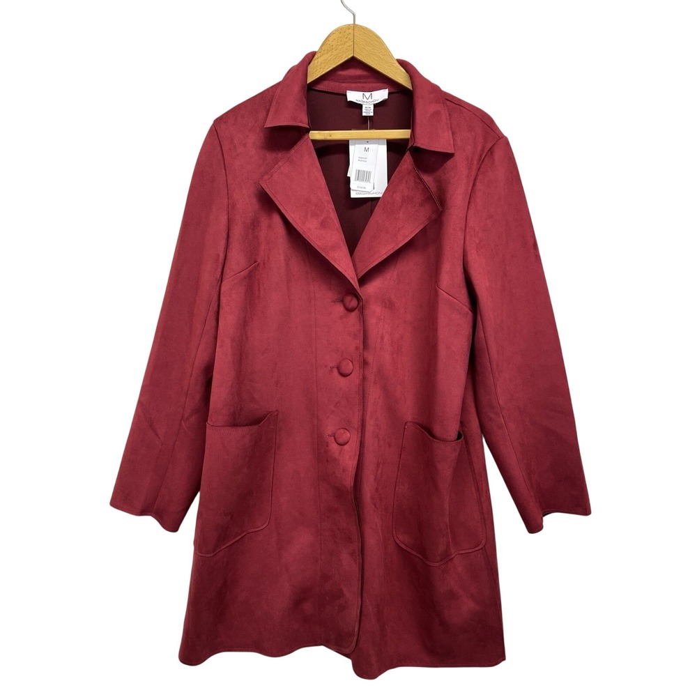 Magaschoni Faux Suede Car Coat Womens Medium Red Kiss Button Front Patch Pockets